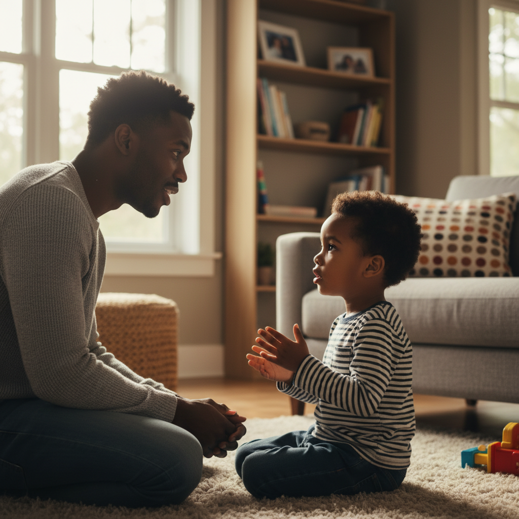 Parent listening closely to a child while they share thoughts and feelings