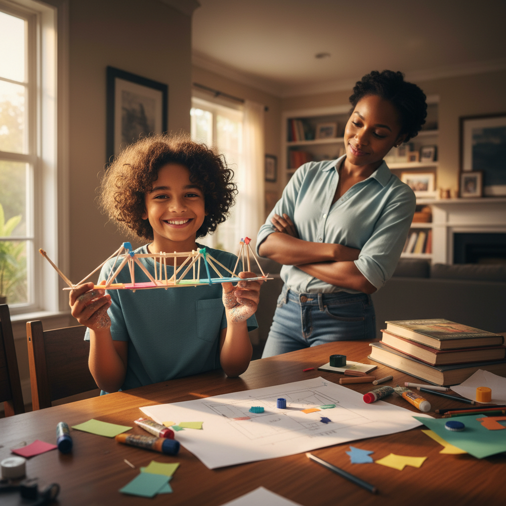 Child proud after trying something difficult with parent nearby