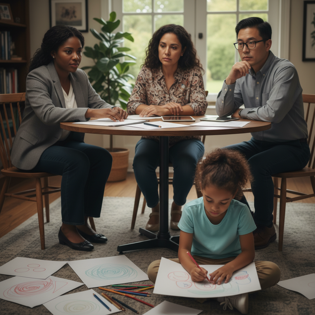 A clinician, parent, and teacher looking at a child support plan while the child sits nearby