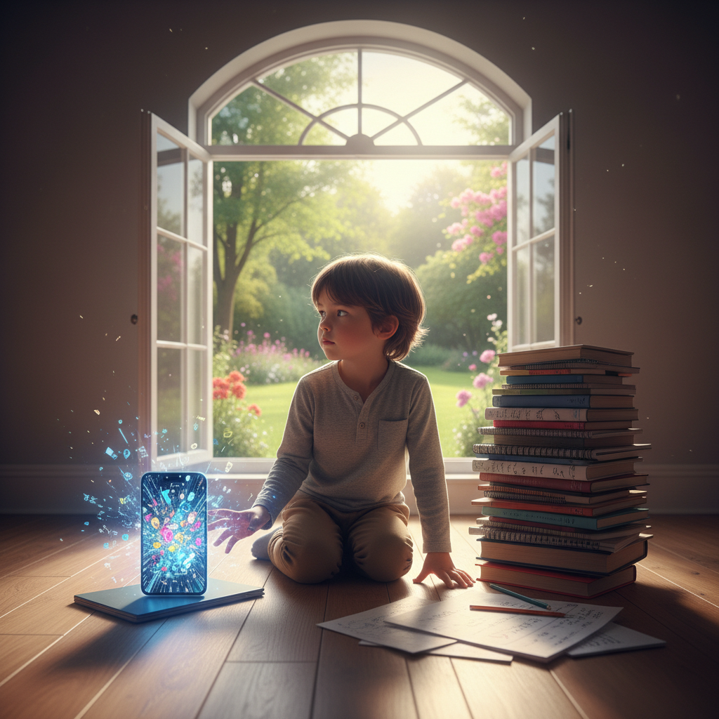 A child looking between a smartphone, schoolwork, and a calm outdoor space