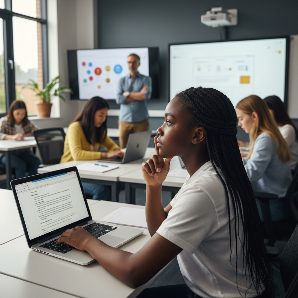 Student producing polished schoolwork with AI assistance while independent understanding remains unclear