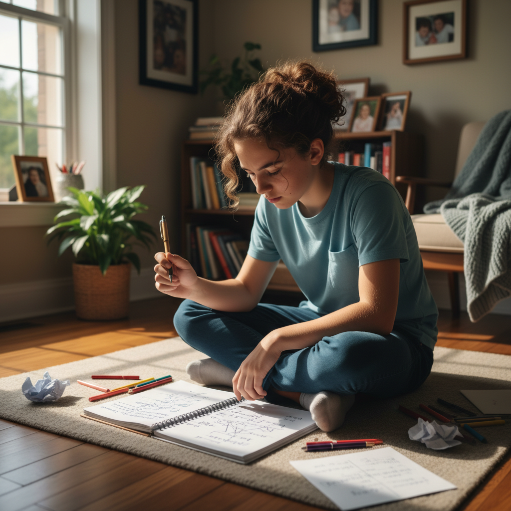 Teenager thinking through a problem without digital help in a calm focused space
