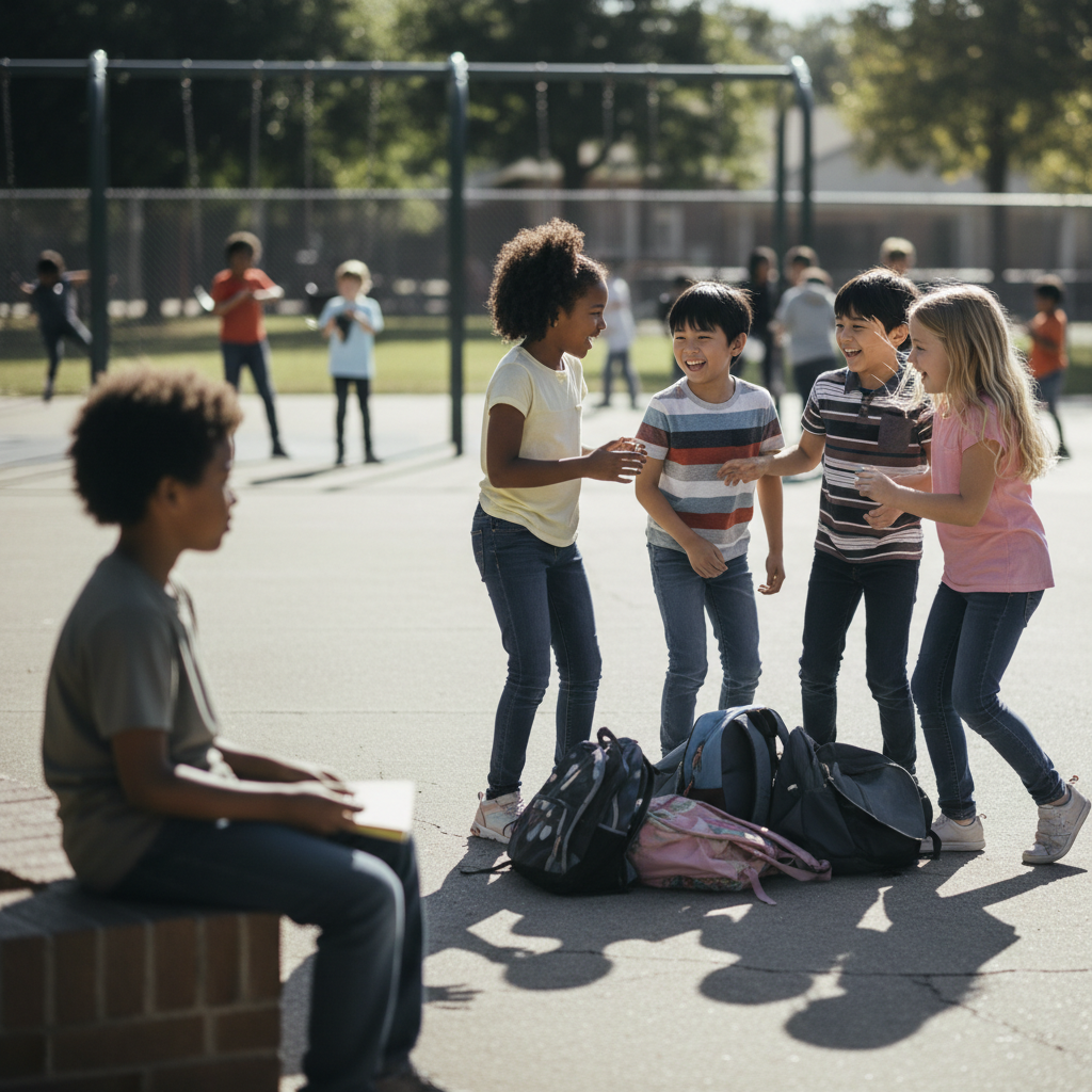 Subtle social exclusion scene between children at school