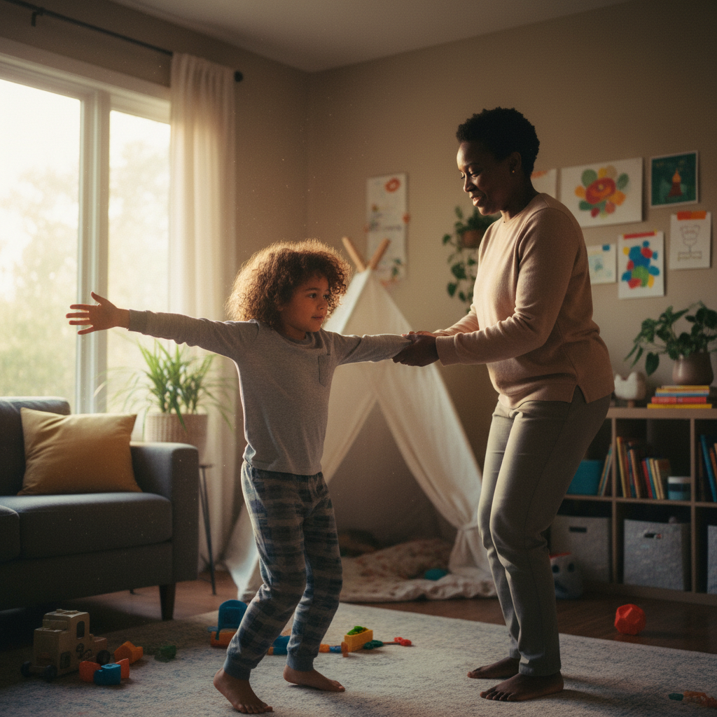 Child releasing anxious energy through movement while parent guides calmly