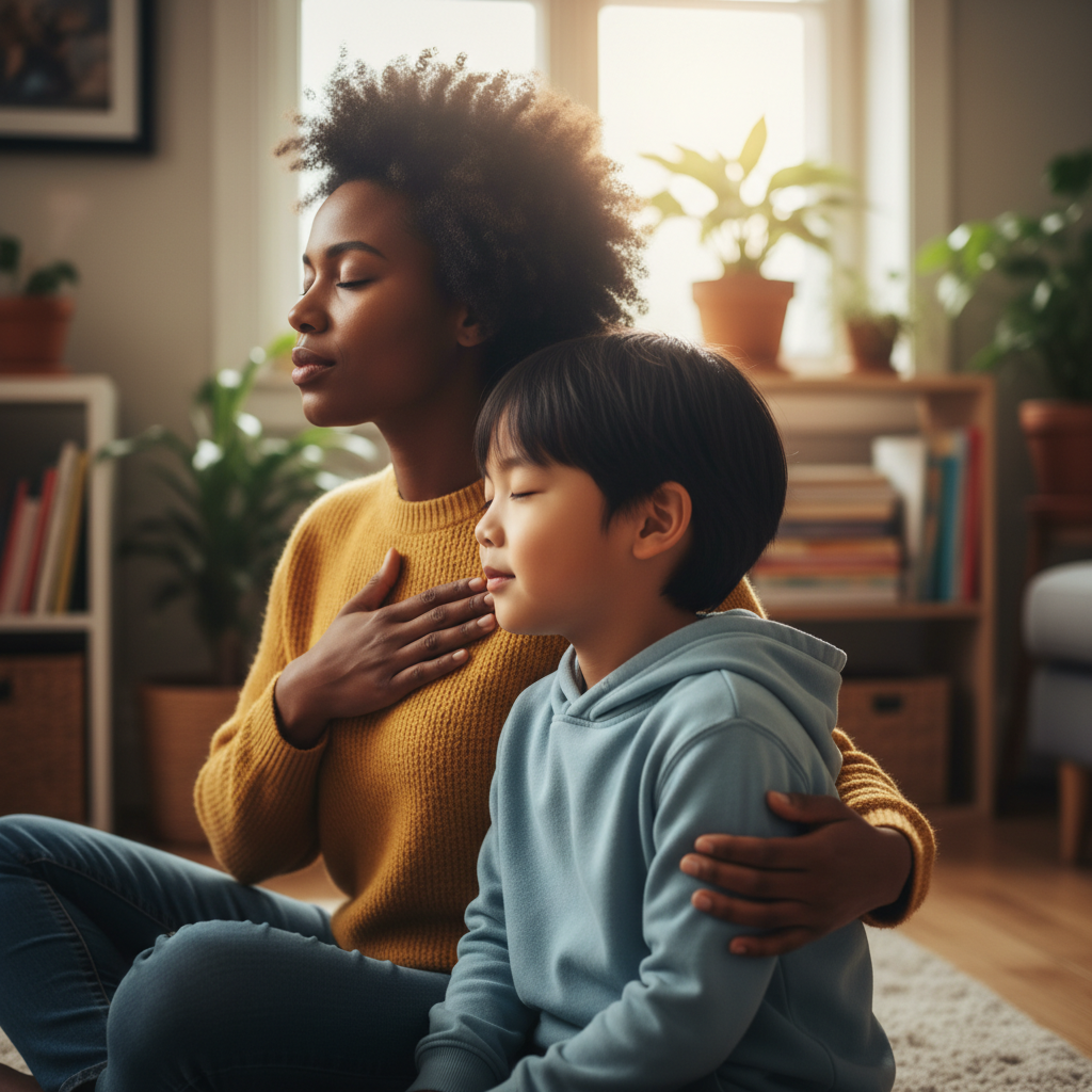Parent and child practicing calm breathing and co-regulation together