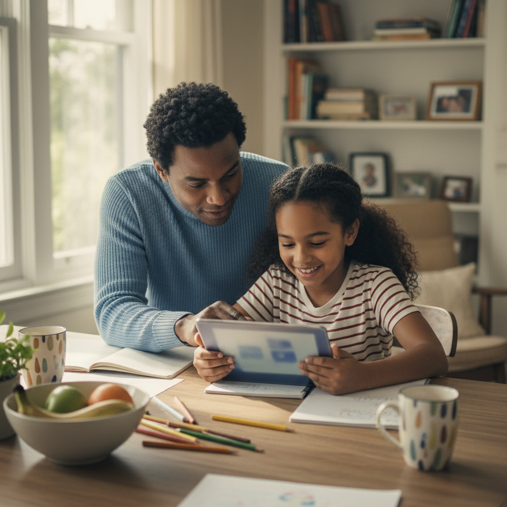 Parent and child reviewing online school work together at home