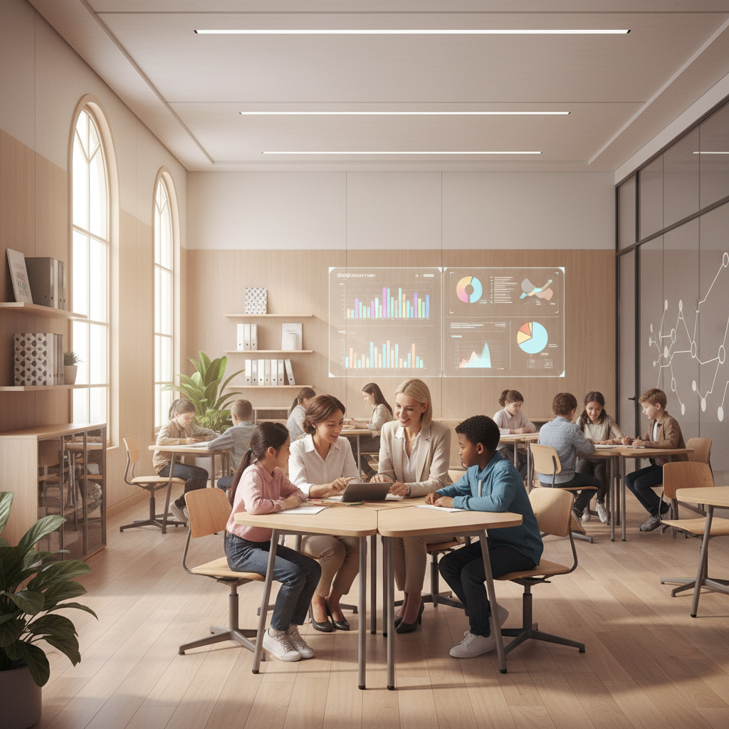 Teacher and students in a premium classroom where education and business pressures meet