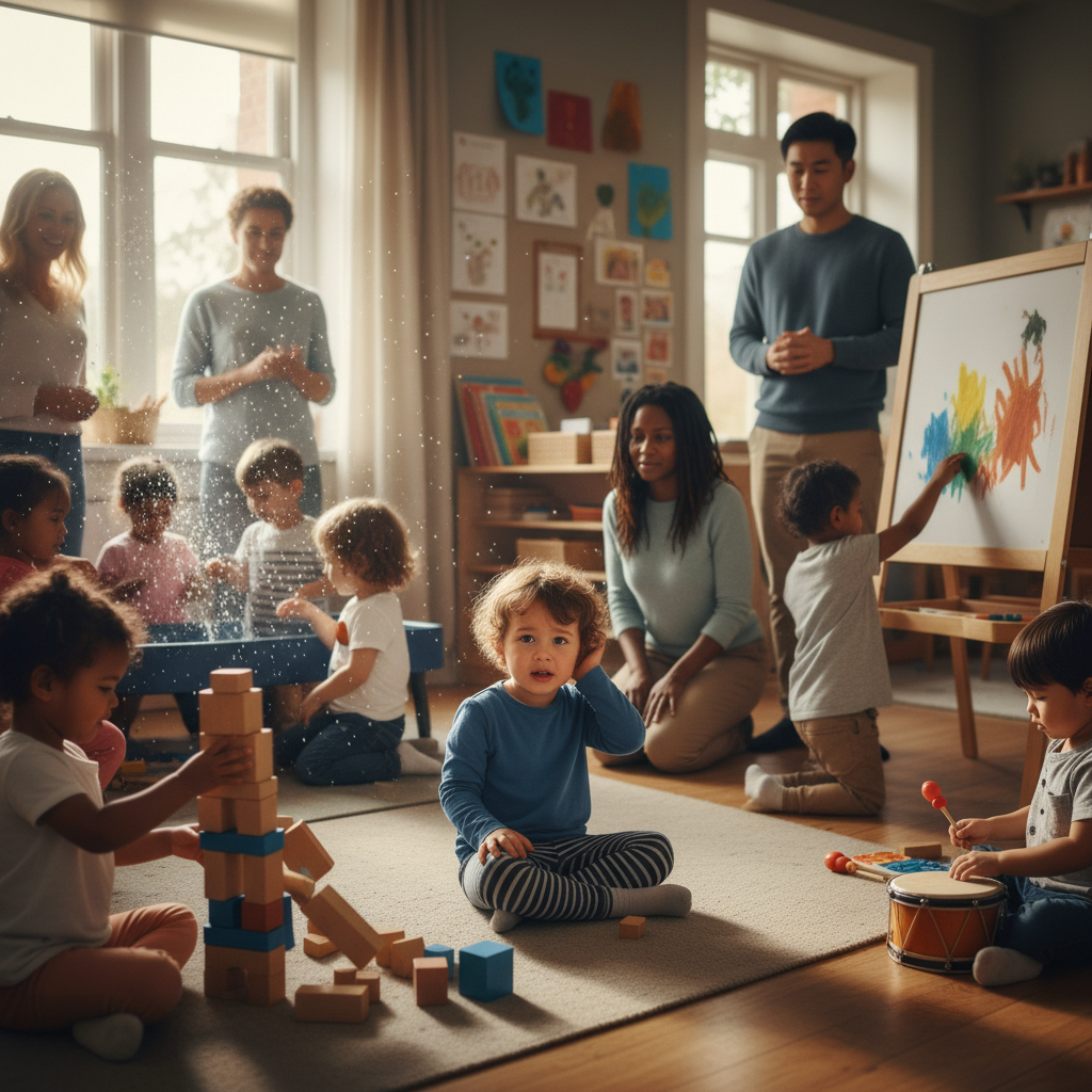 Young child overwhelmed in a busy early years environment while adults observe gently