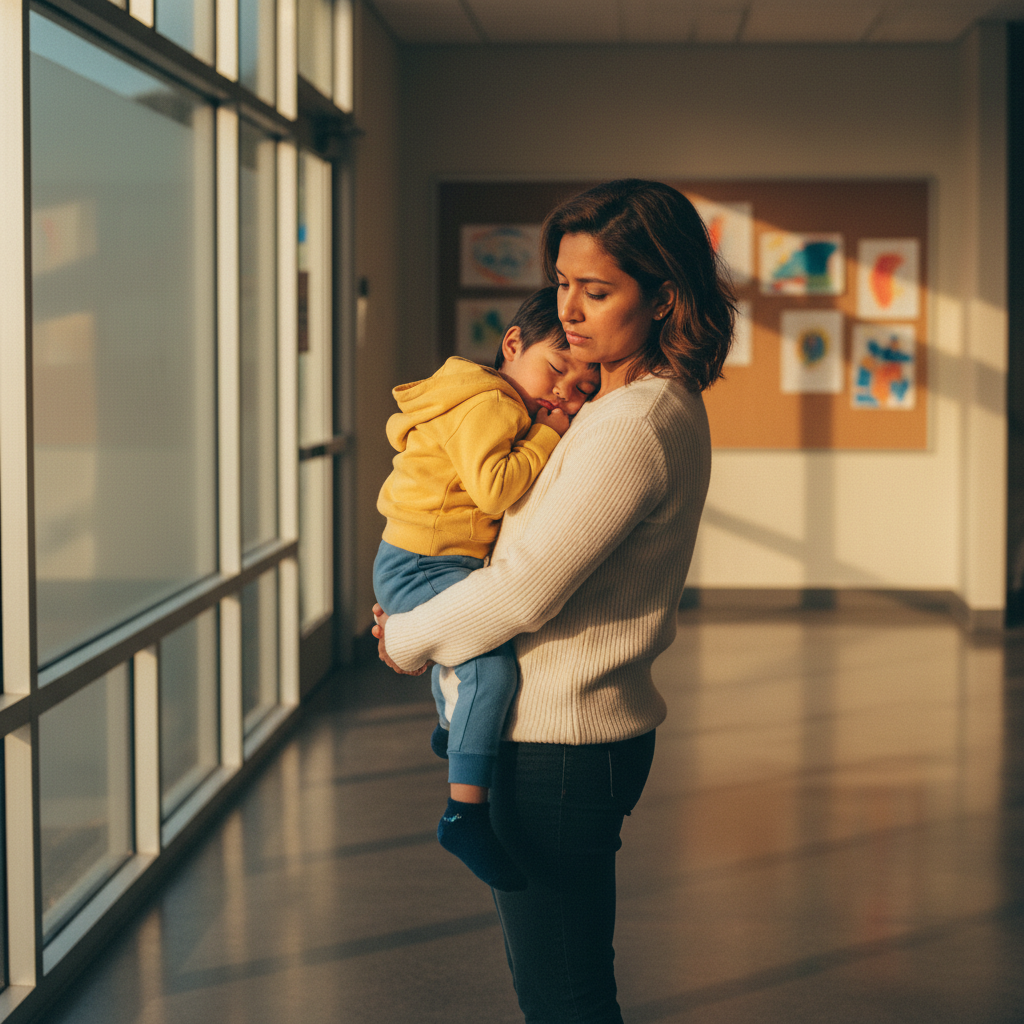 Parent reflecting after nursery pick-up while holding a tired young child