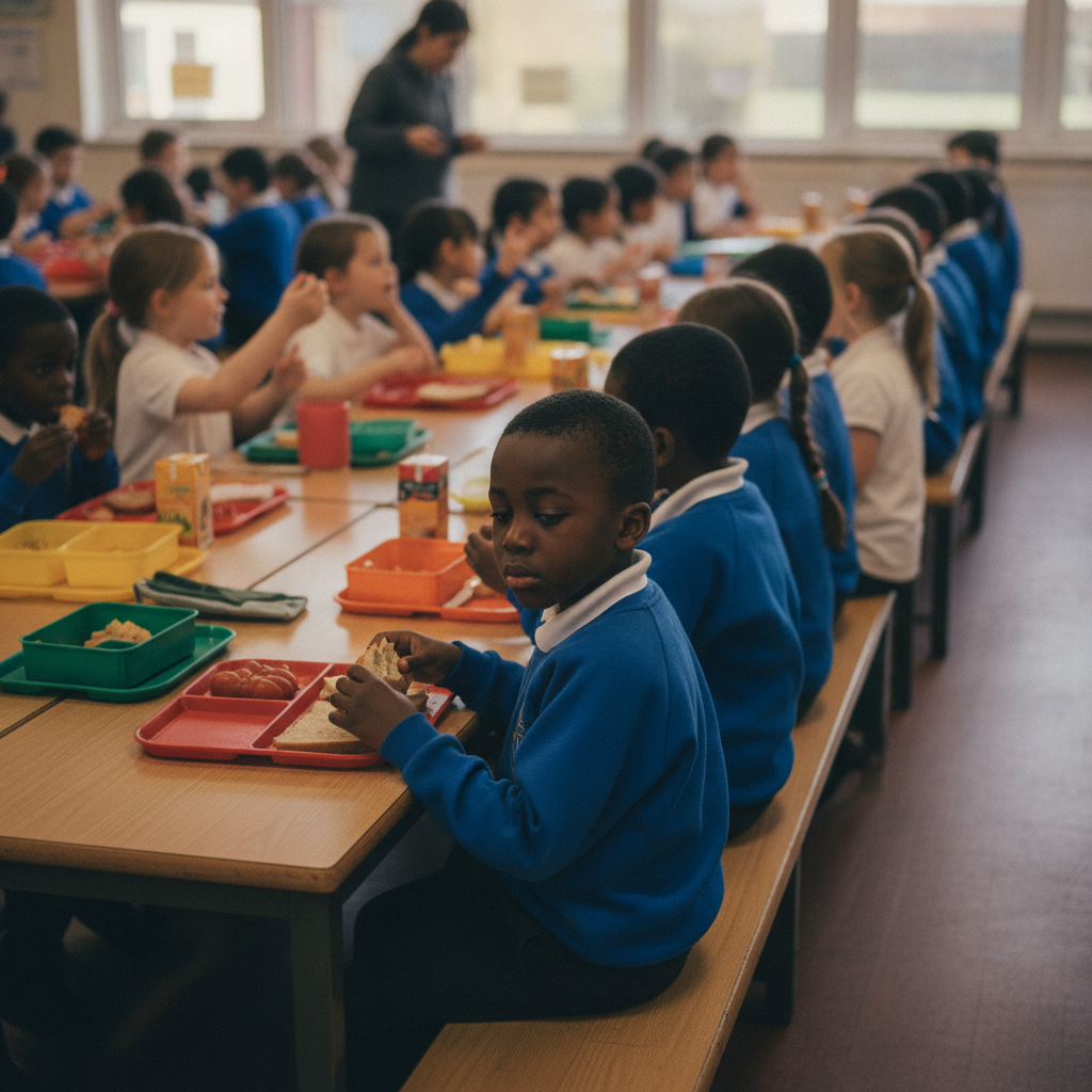 A child sitting slightly apart at the end of a bench in a busy primary school dining hall