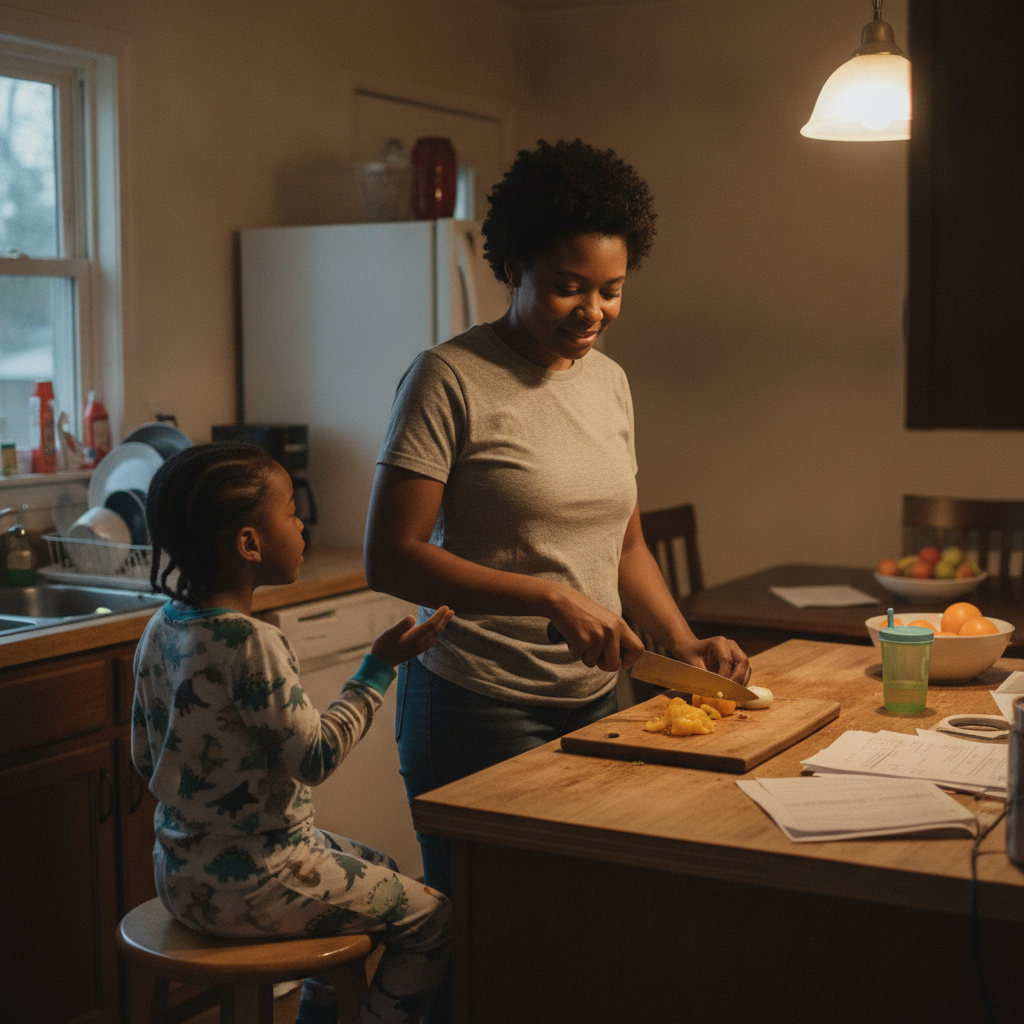 A parent listening to their child while making dinner in the kitchen on a weekday evening