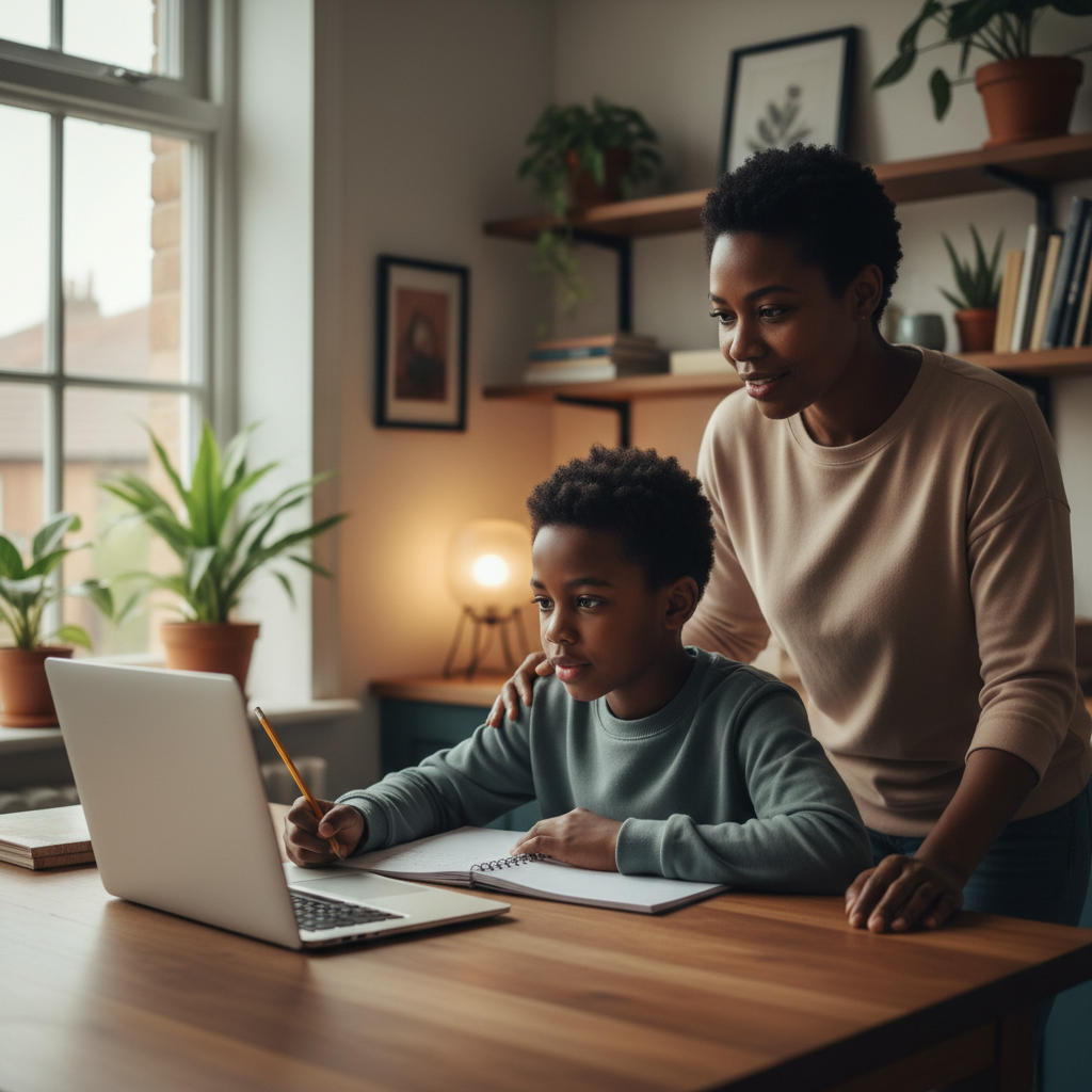 Child learning online at home with parent nearby