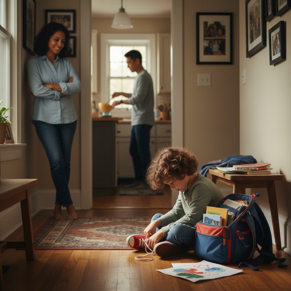 Child overwhelmed by a simple after-school routine while parent stays calm nearby