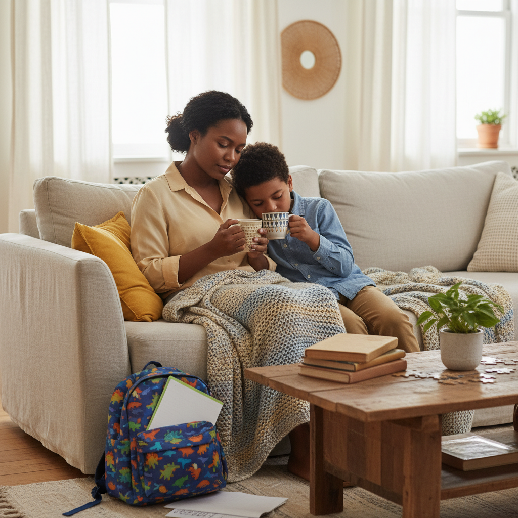 Parent and child having quiet recovery time after school