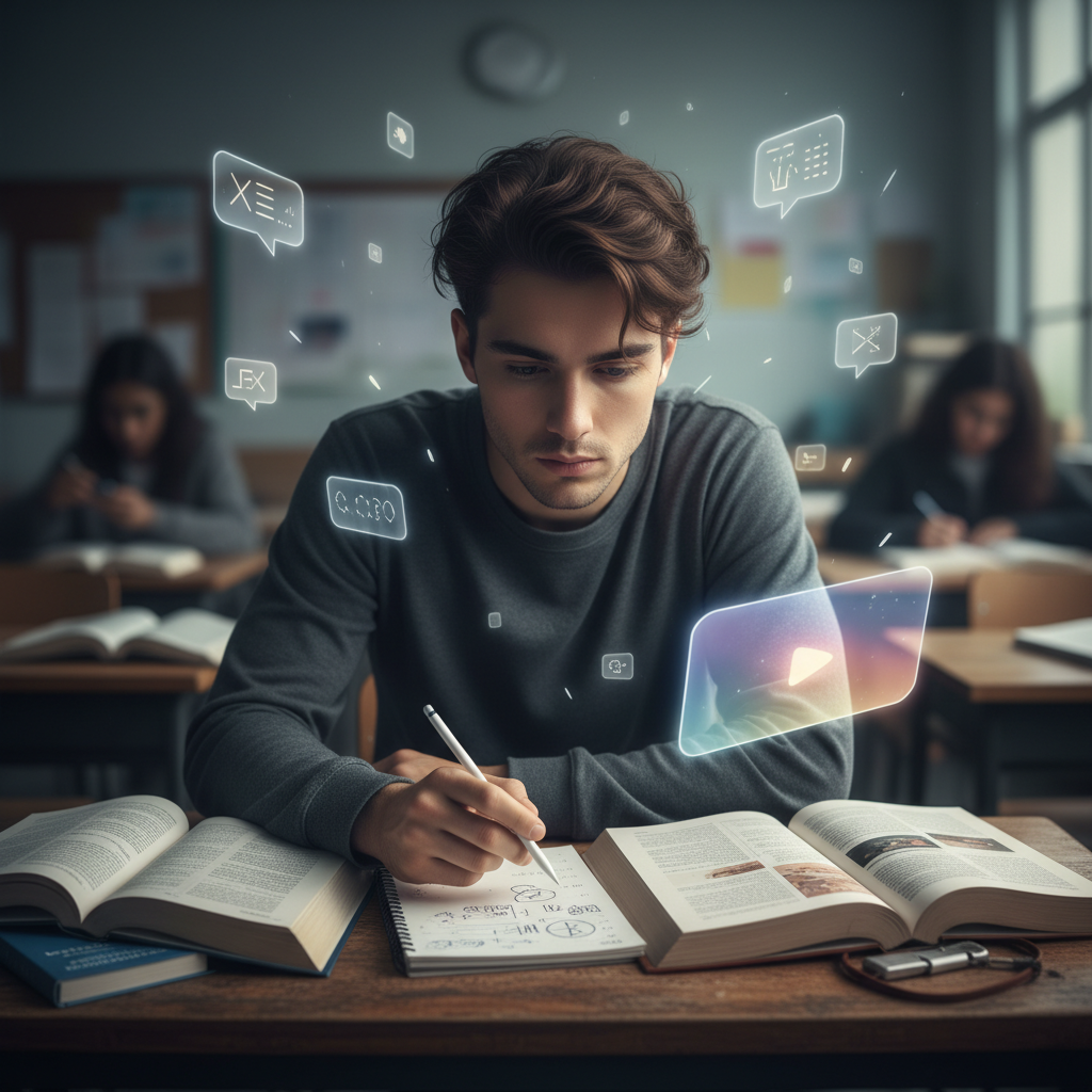 A student surrounded by fragments of screens, notifications, books, and unfinished thoughts