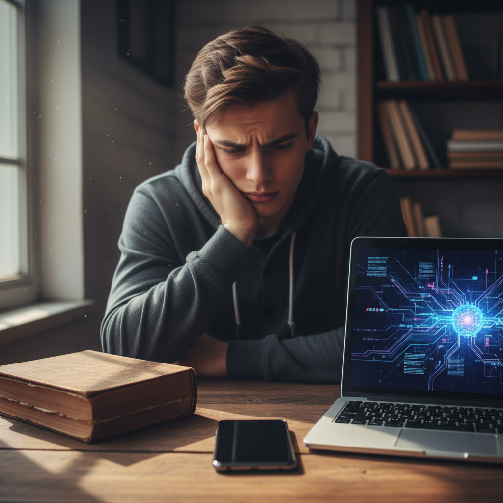 A student choosing between a book, a phone, and an AI screen while trying to think deeply