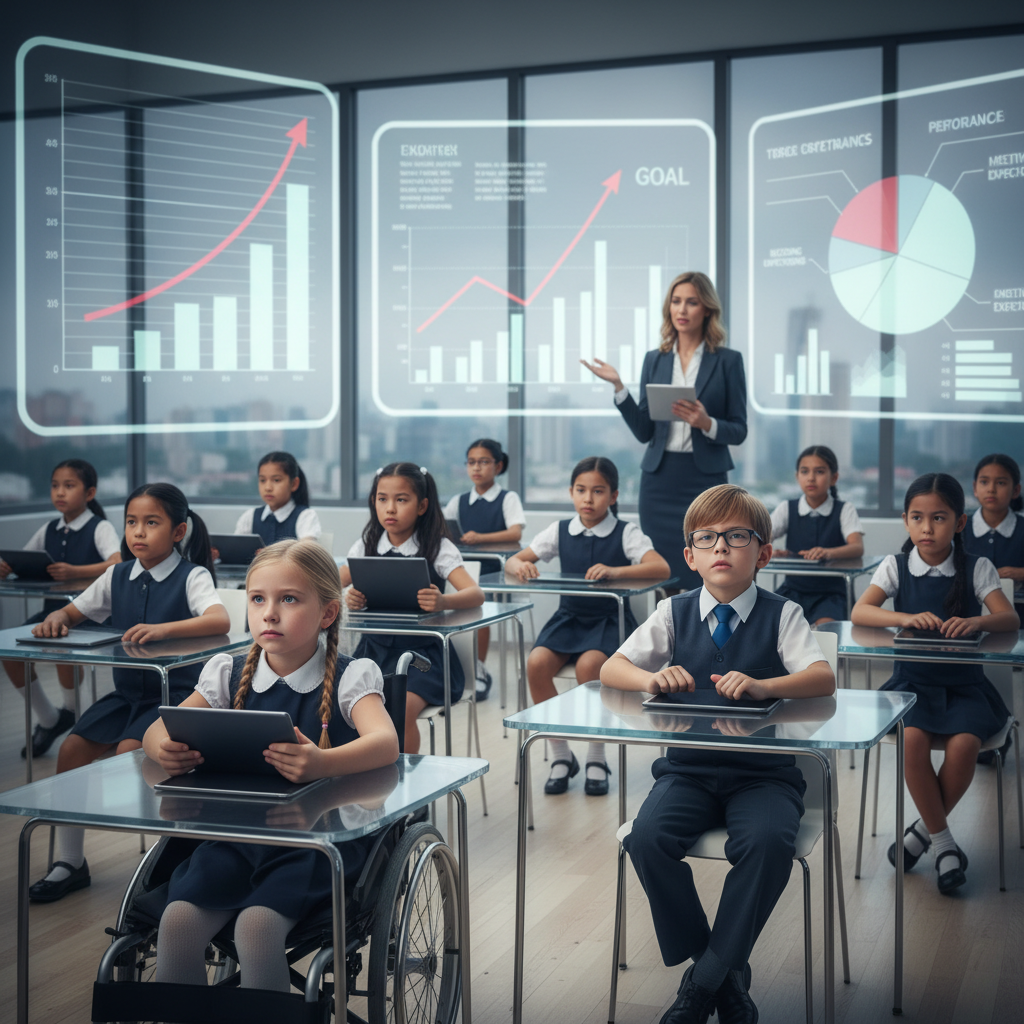 High-performing modern classroom with visible pressure and polished corporate school atmosphere