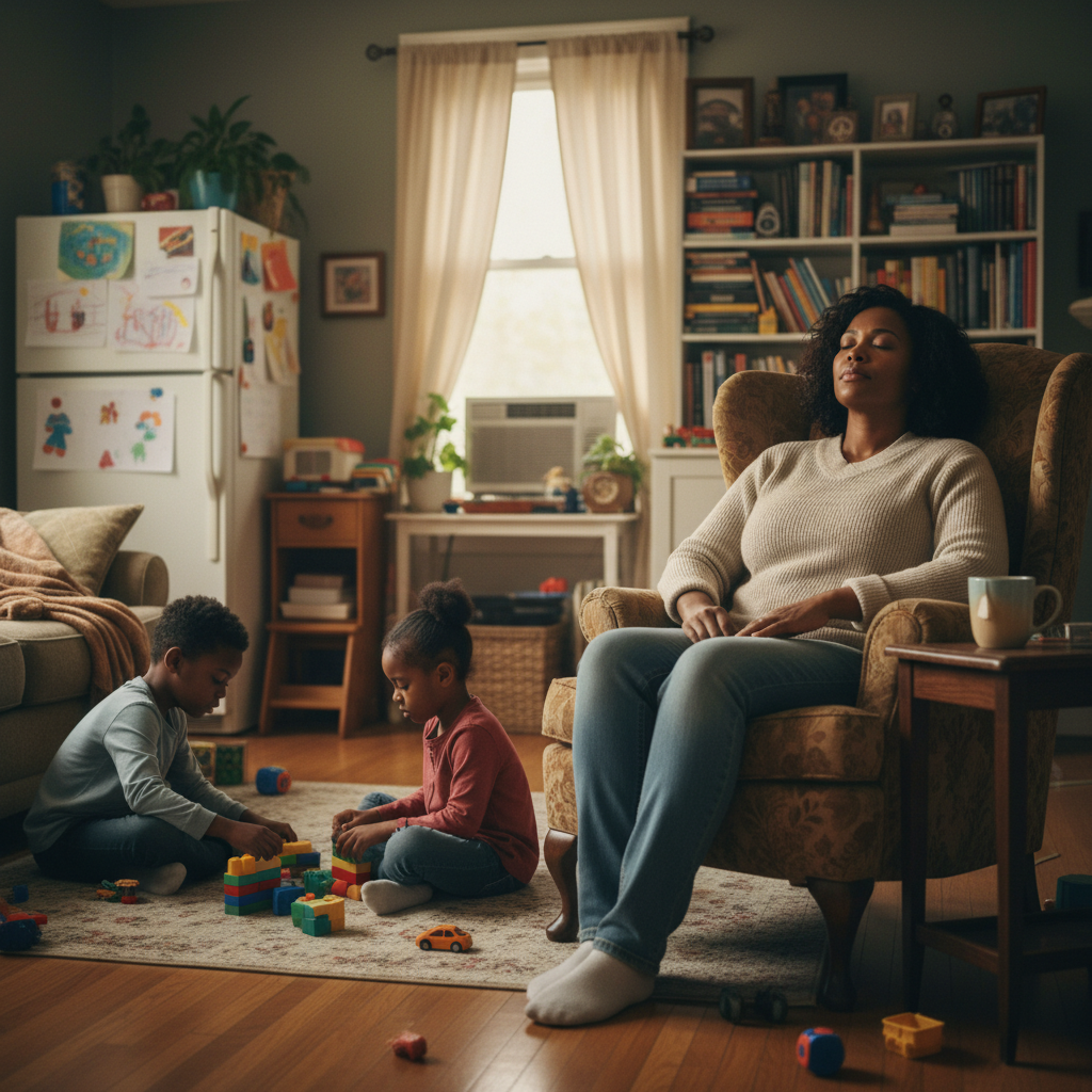 Parent sitting quietly near children in low-engagement presence mode