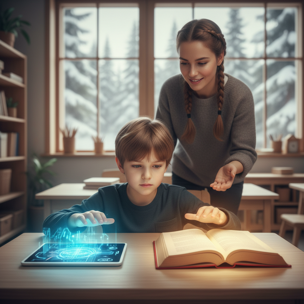 A child choosing between a tablet and a physical textbook in a calm classroom