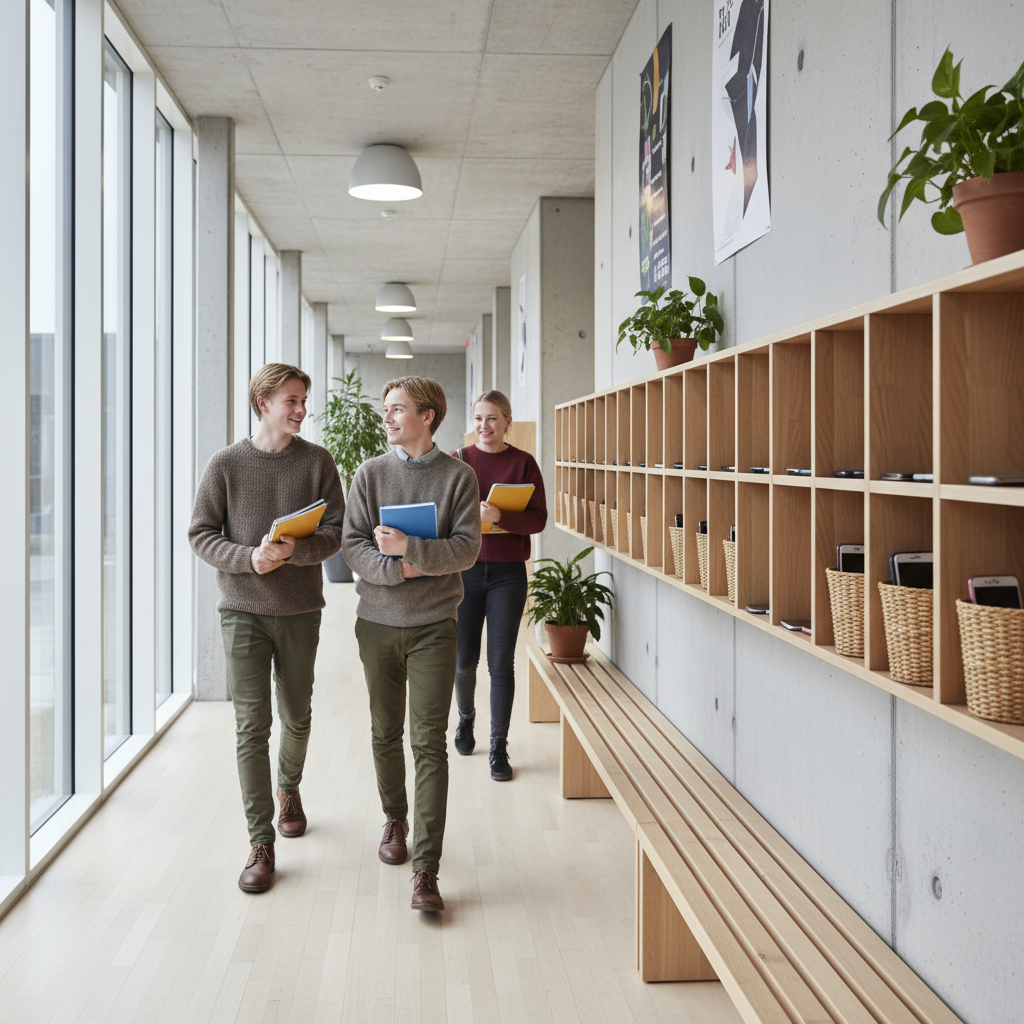 Danish school corridor with phones stored away and students carrying books