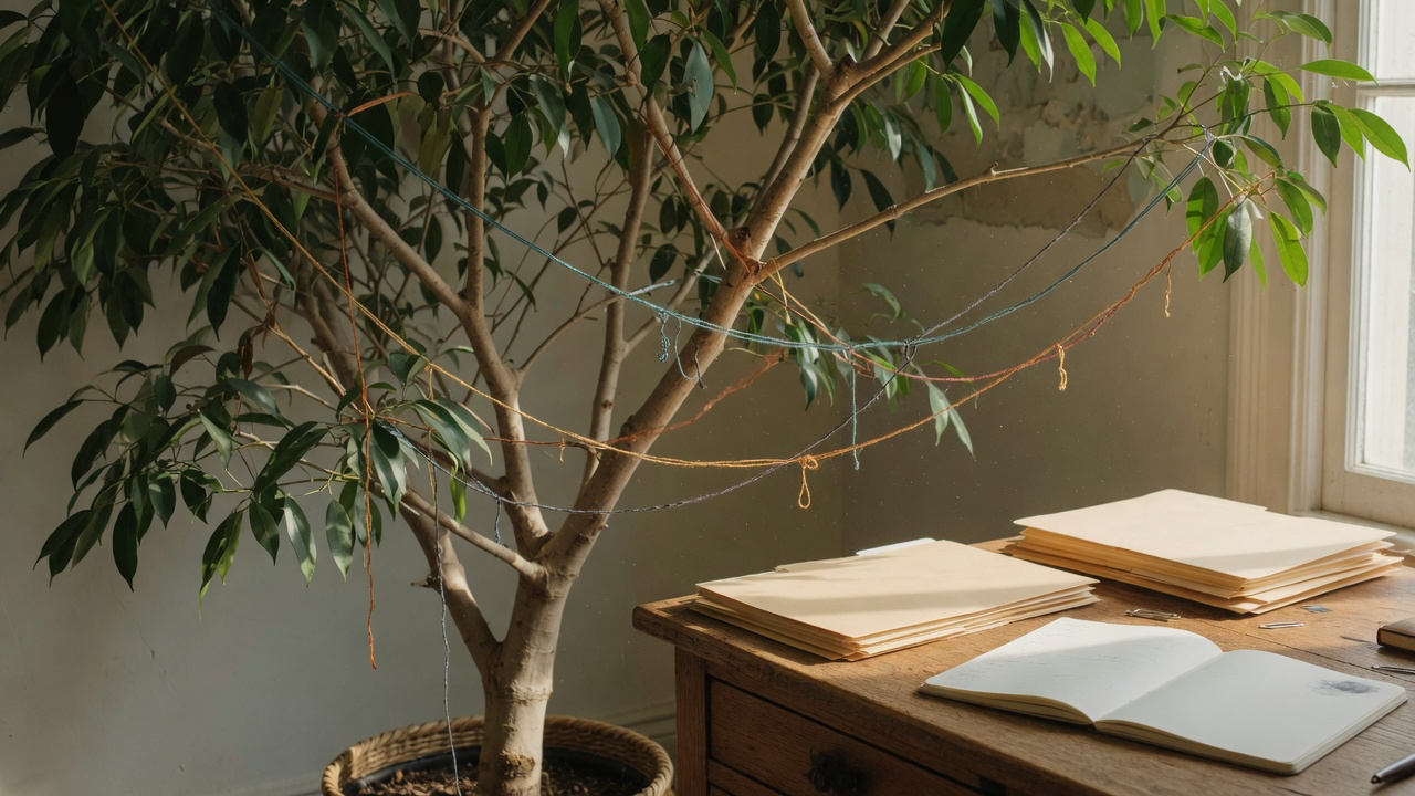 A branching indoor tree with overlapping coloured threads beside folders of notes