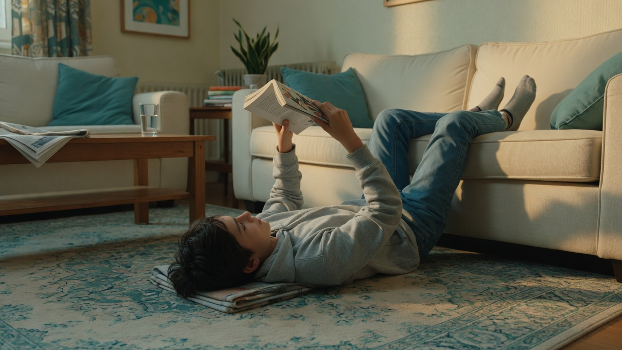 A teenage boy lying on the floor with his legs up on the sofa, reading with more ease