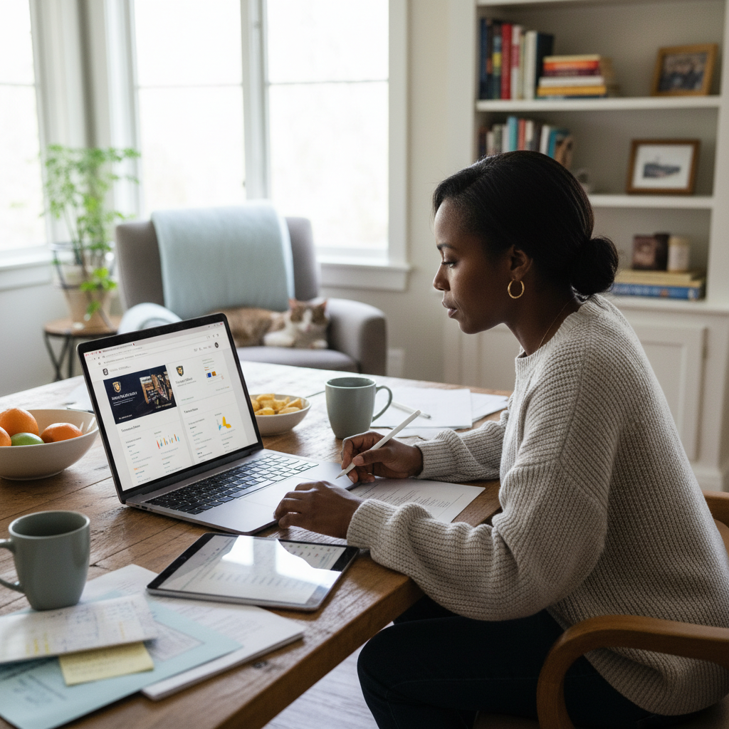 Parent researching schools online at home