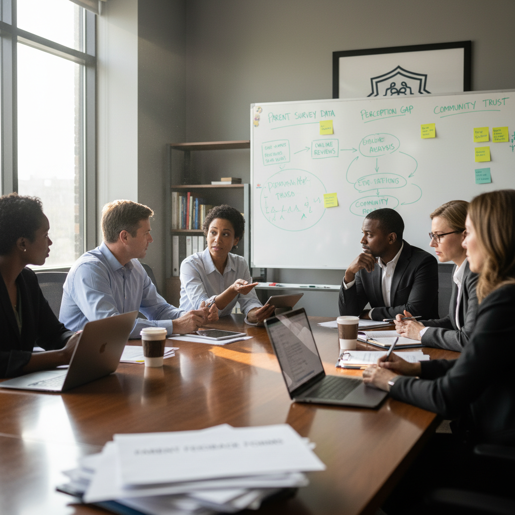 Leadership team discussing reputation data and parent feedback