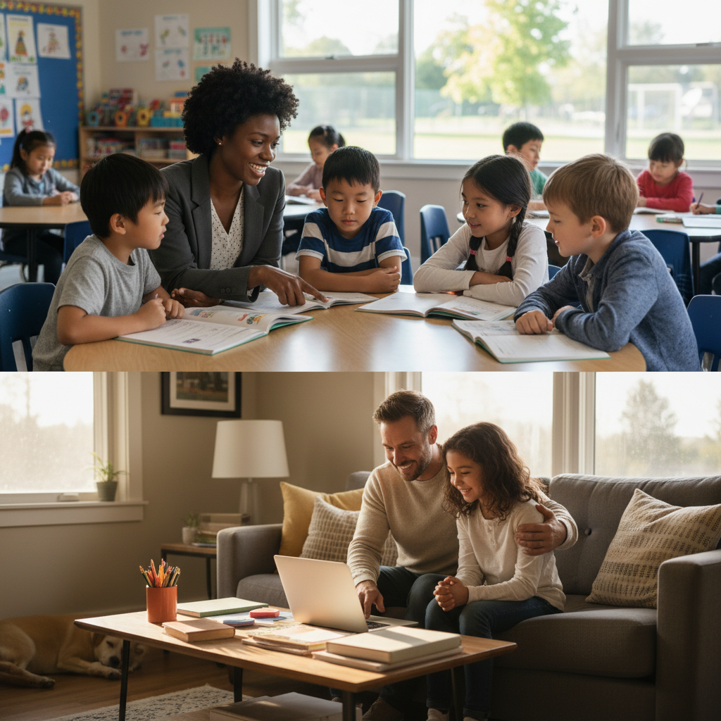 Teacher supporting students in a modern classroom