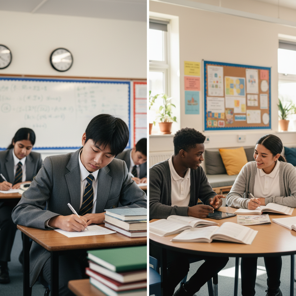 Two students in different school environments moving toward the same exam-based system