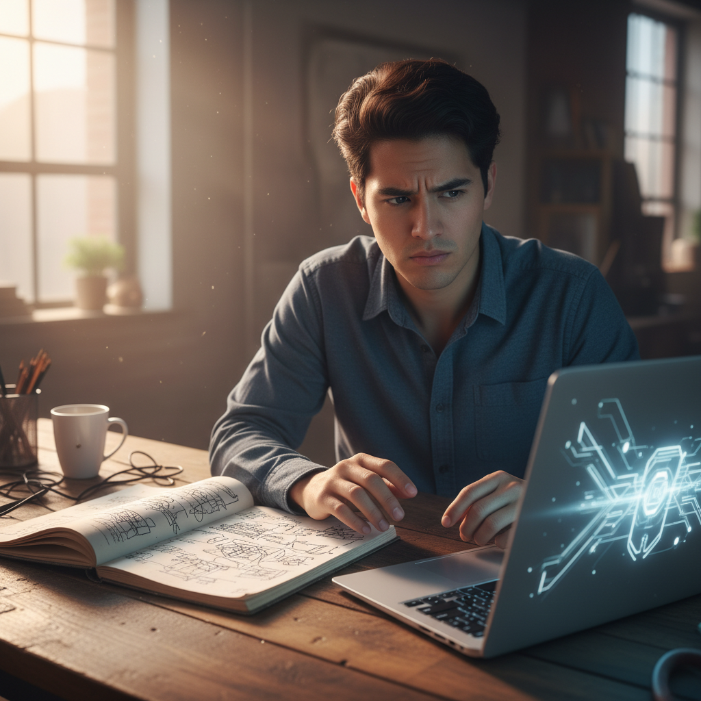 Young adult comparing their own handwritten thoughts with an AI-generated answer