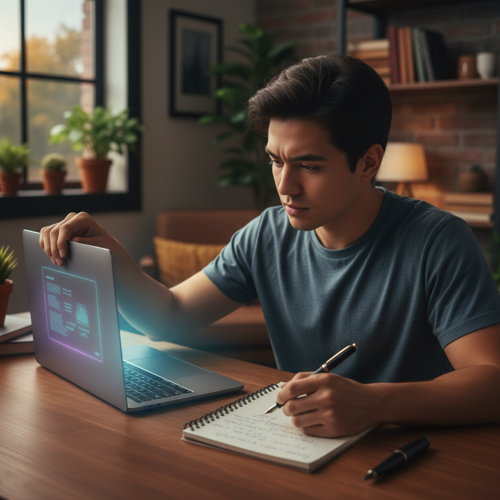 A young worker closing an AI laptop and returning to handwritten thinking