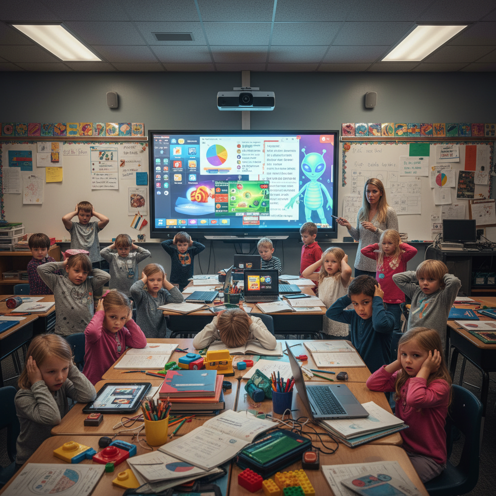 Overstimulating classroom setup with digital overload affecting student focus