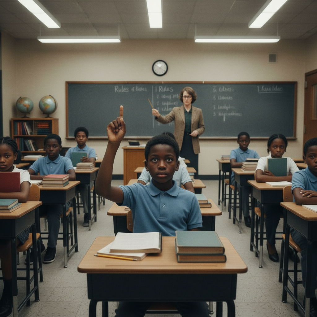 Curious student in a structured classroom where compliance is being rewarded over questioning
