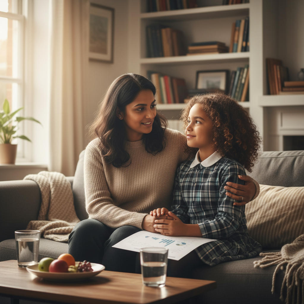 Parent supporting a child at home to separate self-worth from school performance