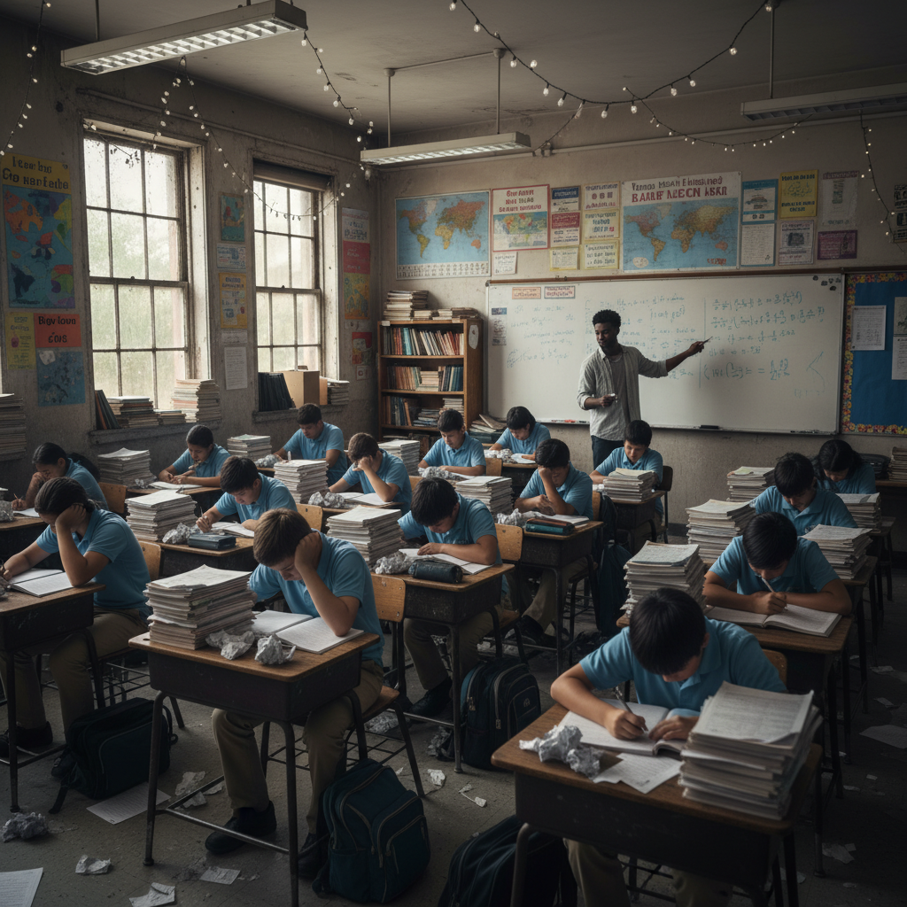 Overcrowded classroom with too many worksheets and too little individual attention