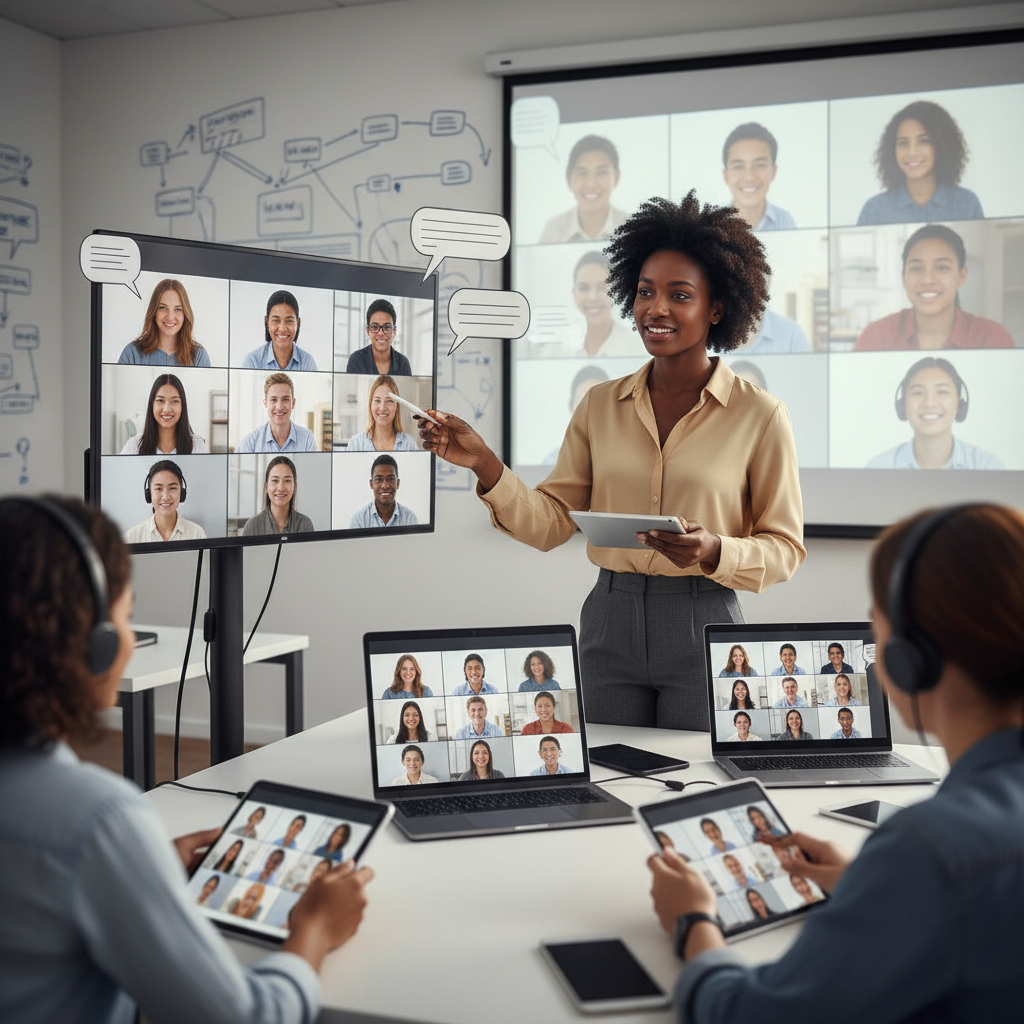 Teacher guiding online learners through discussion and critical thinking