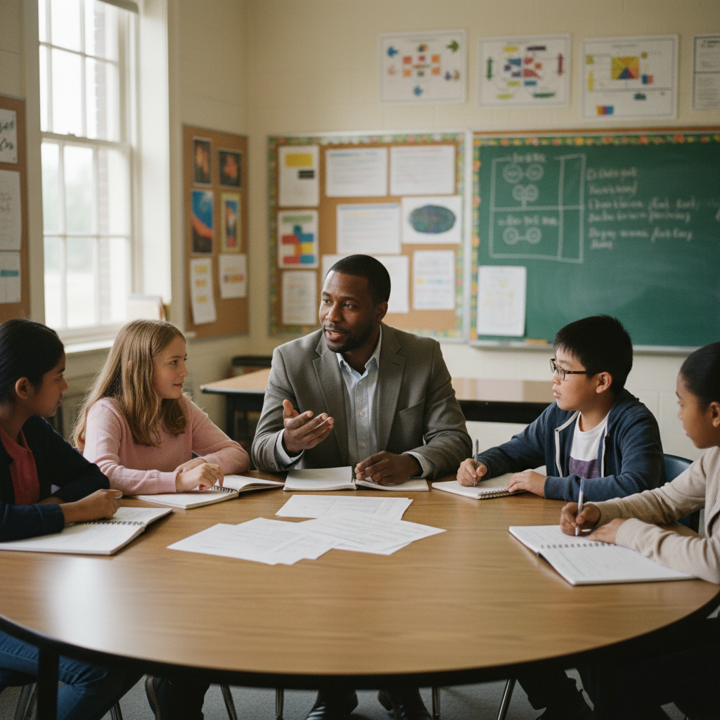 Teacher leading a screen-free classroom discussion
