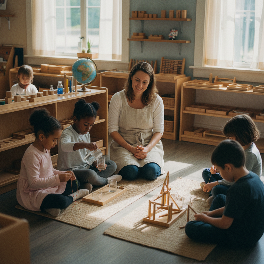 Montessori guide observing children working with purpose in a warm mixed-age environment