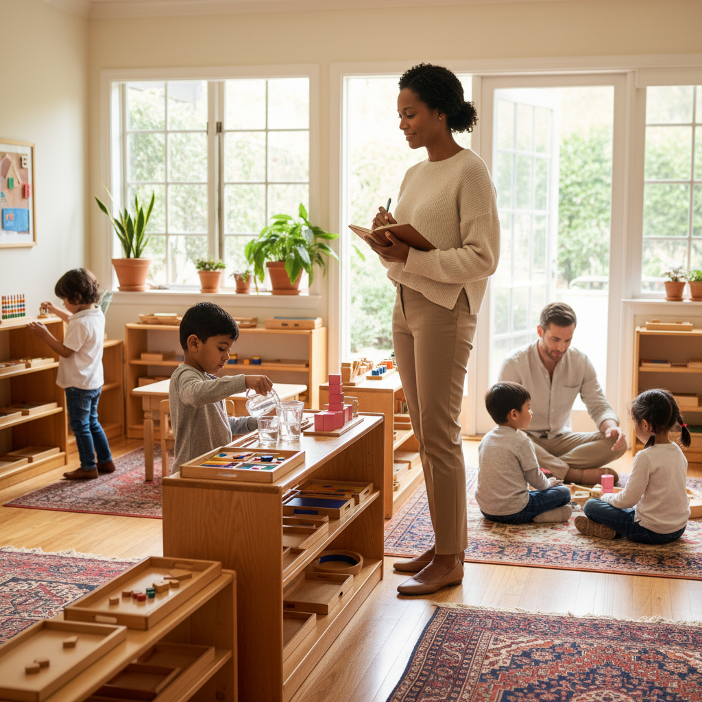 Parent observing a classroom and noticing whether children have real choice, calm, and authentic Montessori materials