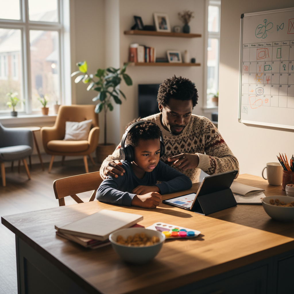 Parent helping child build routine and support during online learning