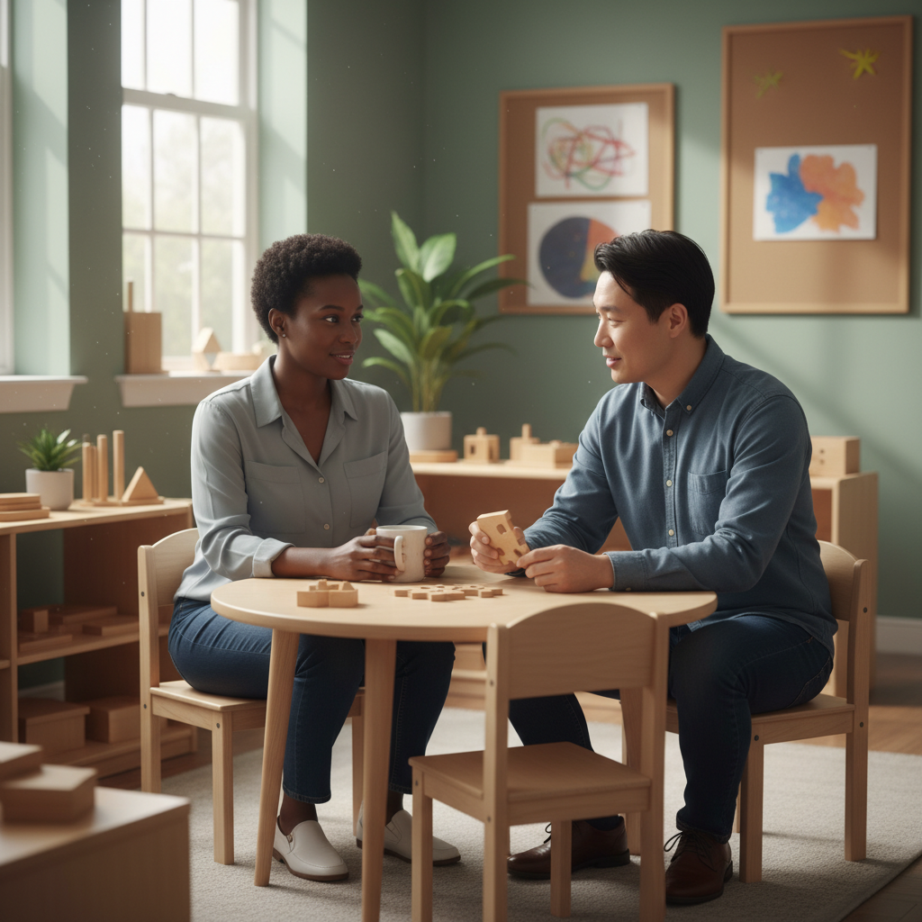 Parent and teacher discussing how a childs needs fit a Montessori environment