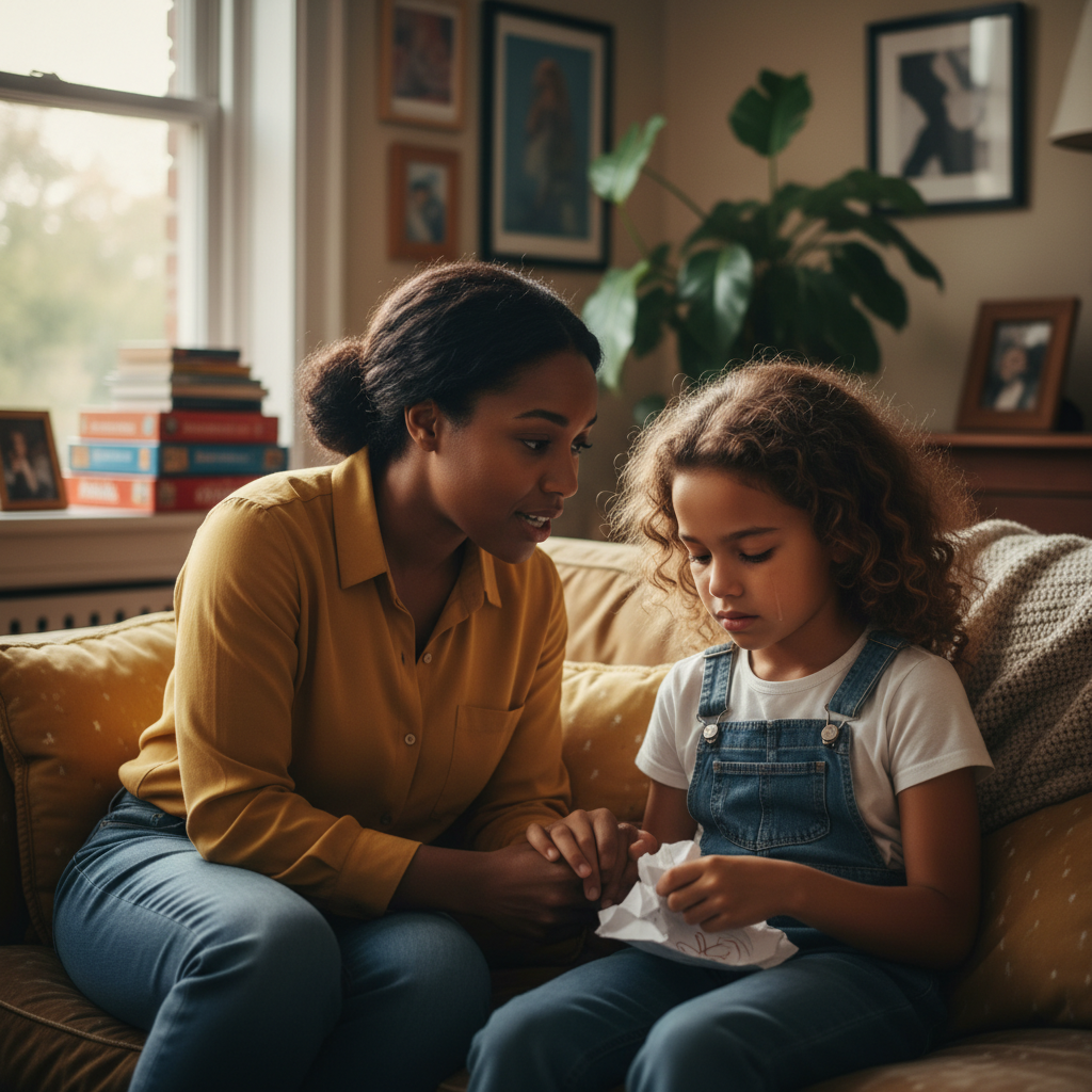 Parent talking supportively with child