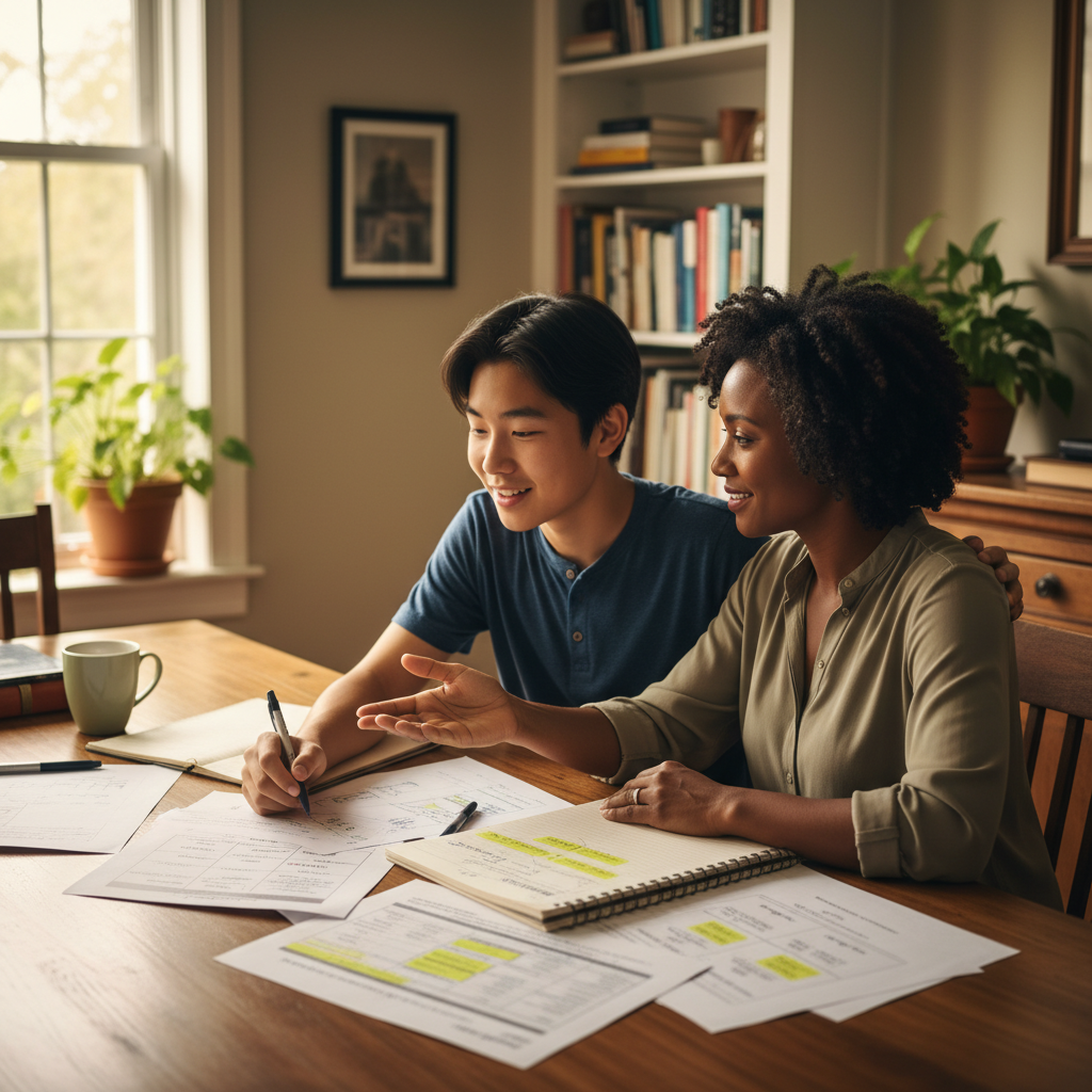 Parent and teenager mapping a low-pressure education pathway before formal exams