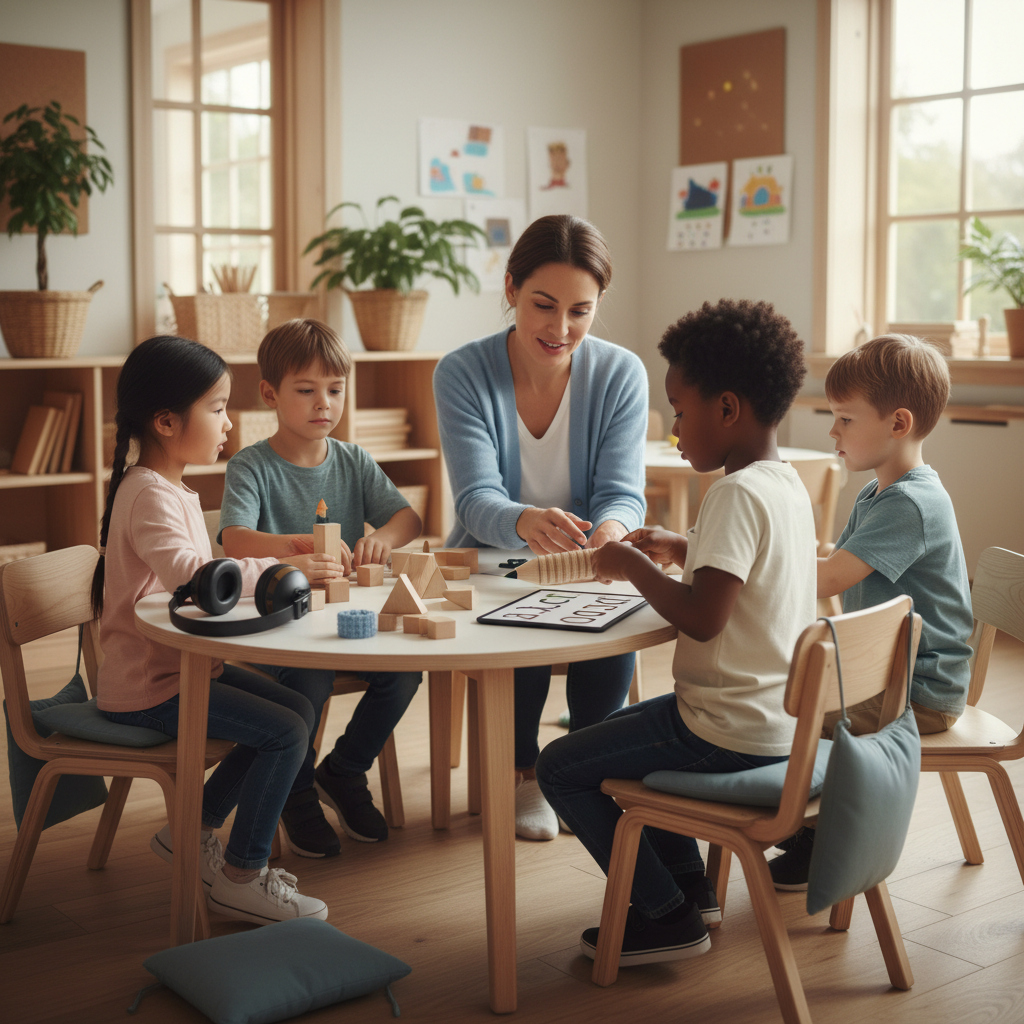 Teacher providing early support to children in a mainstream classroom