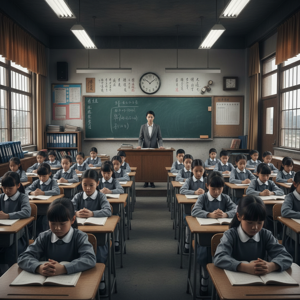 Quiet high-pressure classroom where children appear controlled rather than engaged