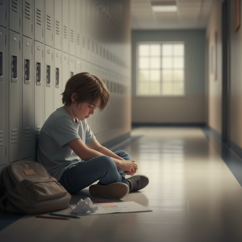 Child alone and overwhelmed in a quiet school corridor or bathroom