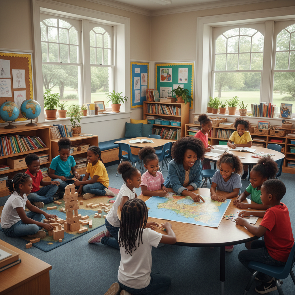 Children learning together in a traditional classroom