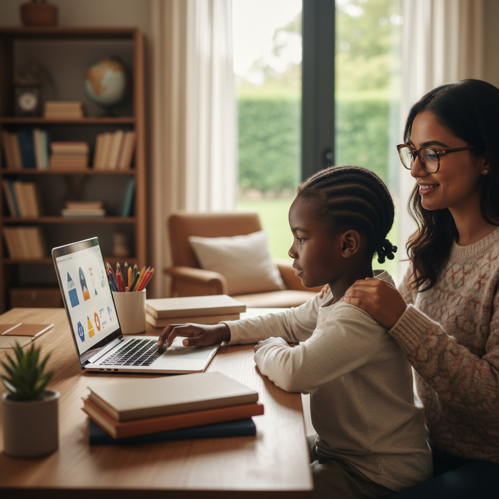 Child learning online at home with supportive parent nearby