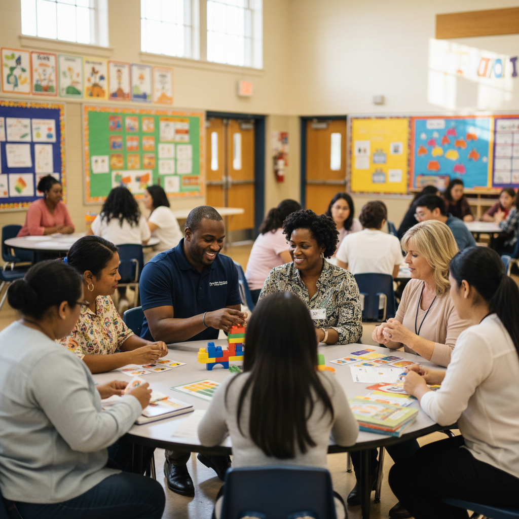 Parent workshop with school staff facilitating practical learning